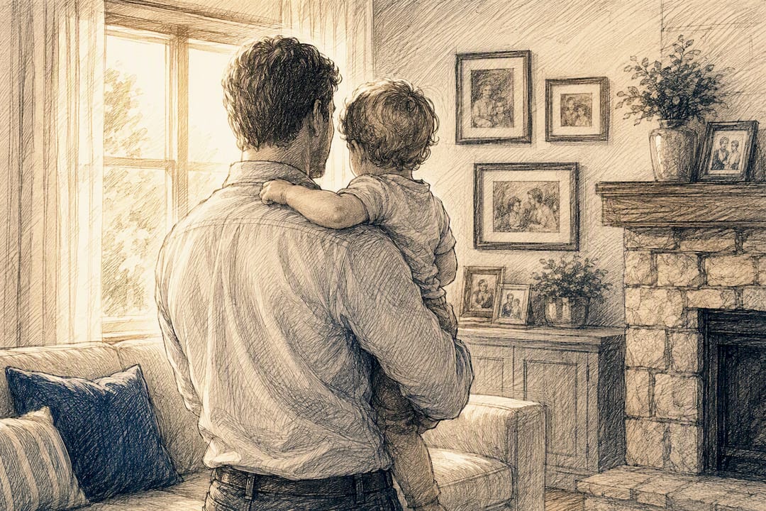 Father holding child silhouette by window