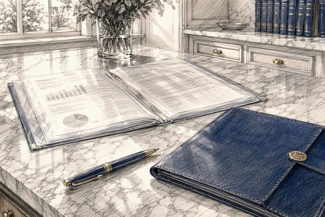 Close-up of financial disclosure folder on table