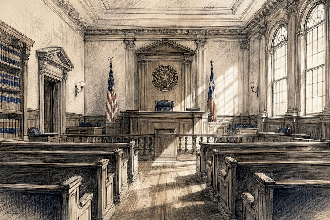Empty Texas courtroom bench with sunlight
