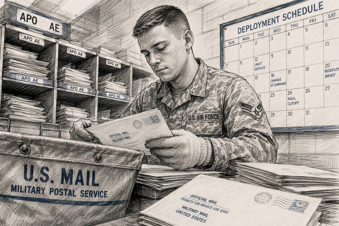 Military postal clerk sorting deployment mail