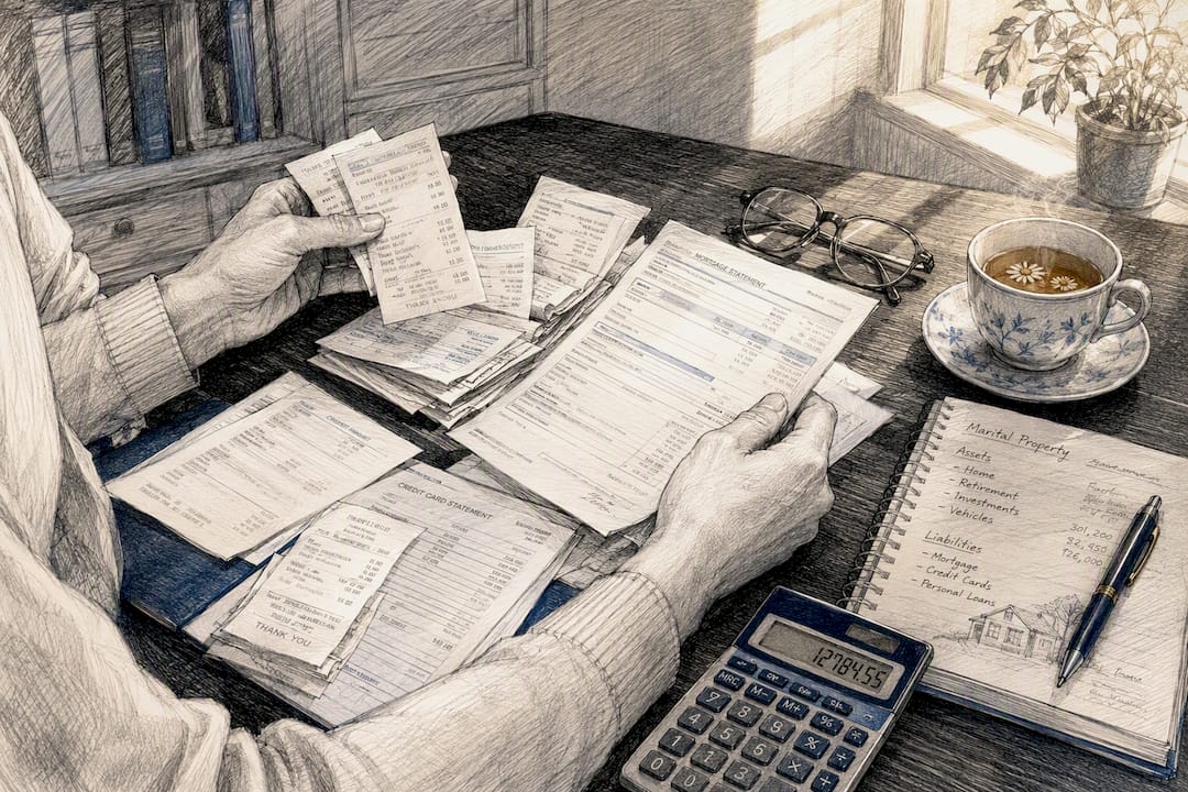Hands organizing financial documents on desk
