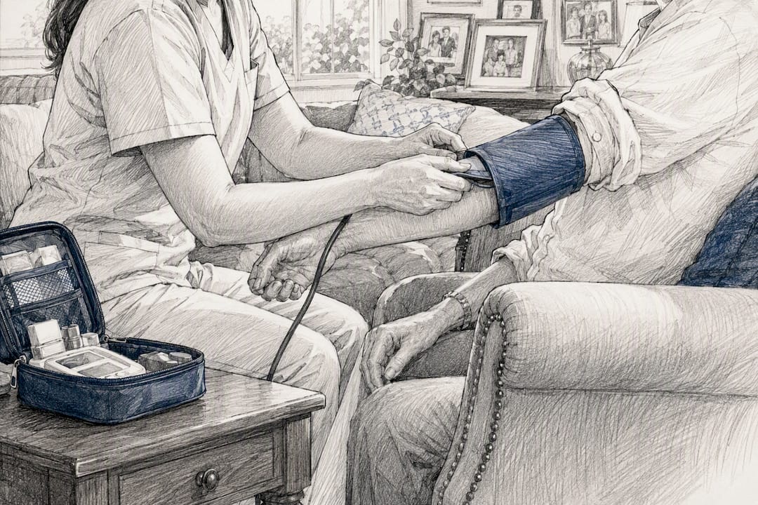 Nurse applying pulse oximeter in home