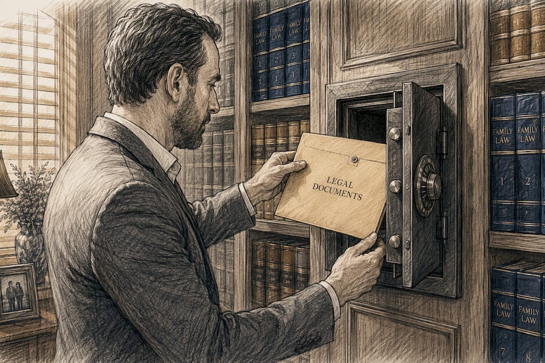 Hands opening home safe to access documents