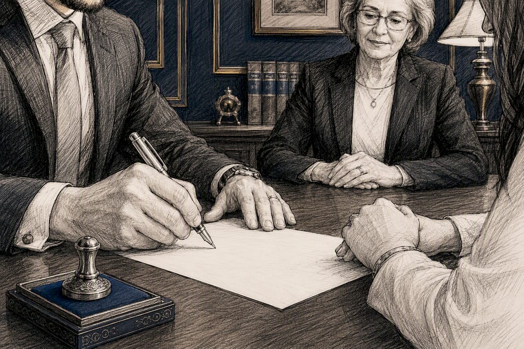Hands signing notarized affidavit document