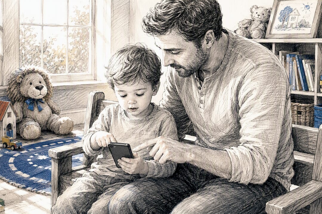 Parent teaching child emergency phone call