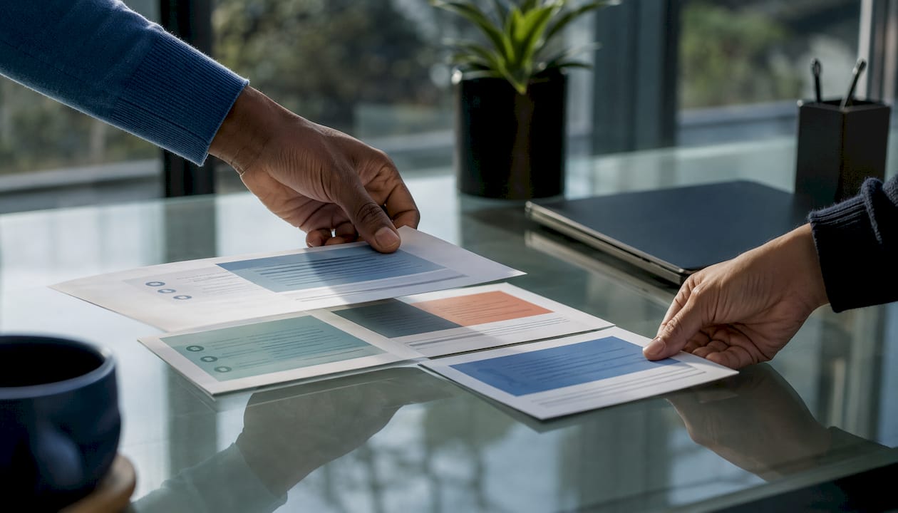 Hands organizing privacy analytics technique sheets on desk