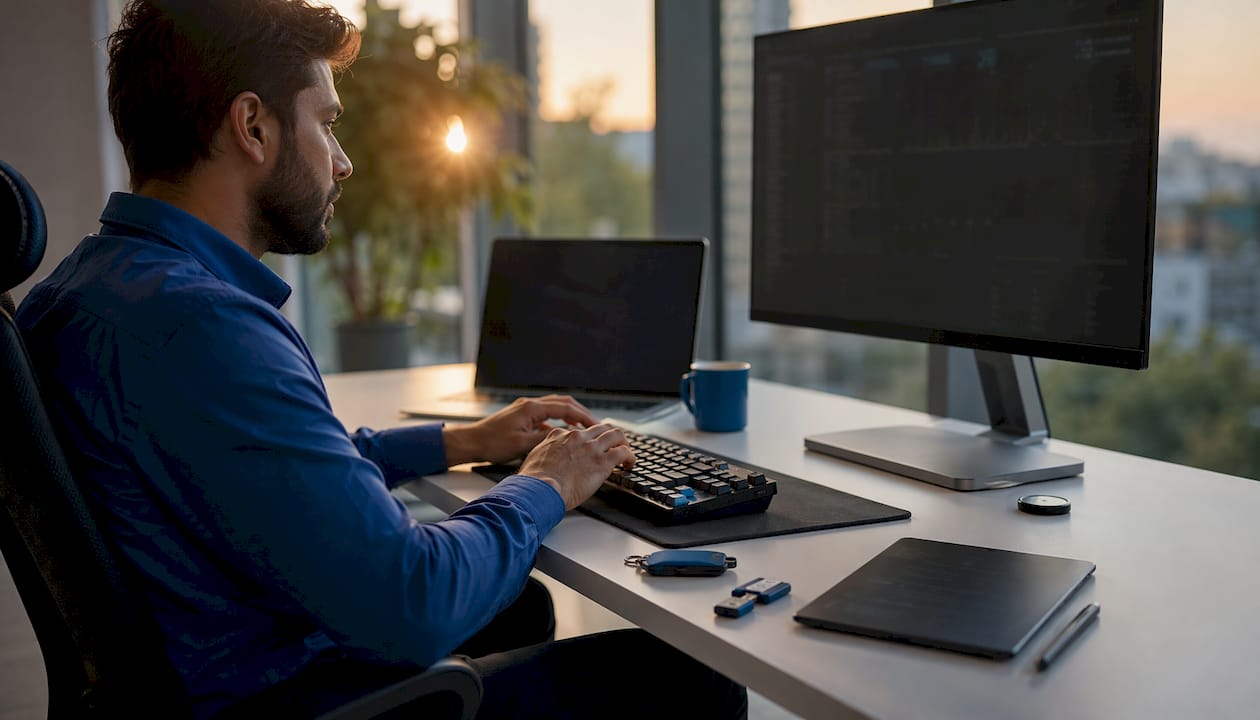 Hands typing with security tokens and encrypted devices on desk