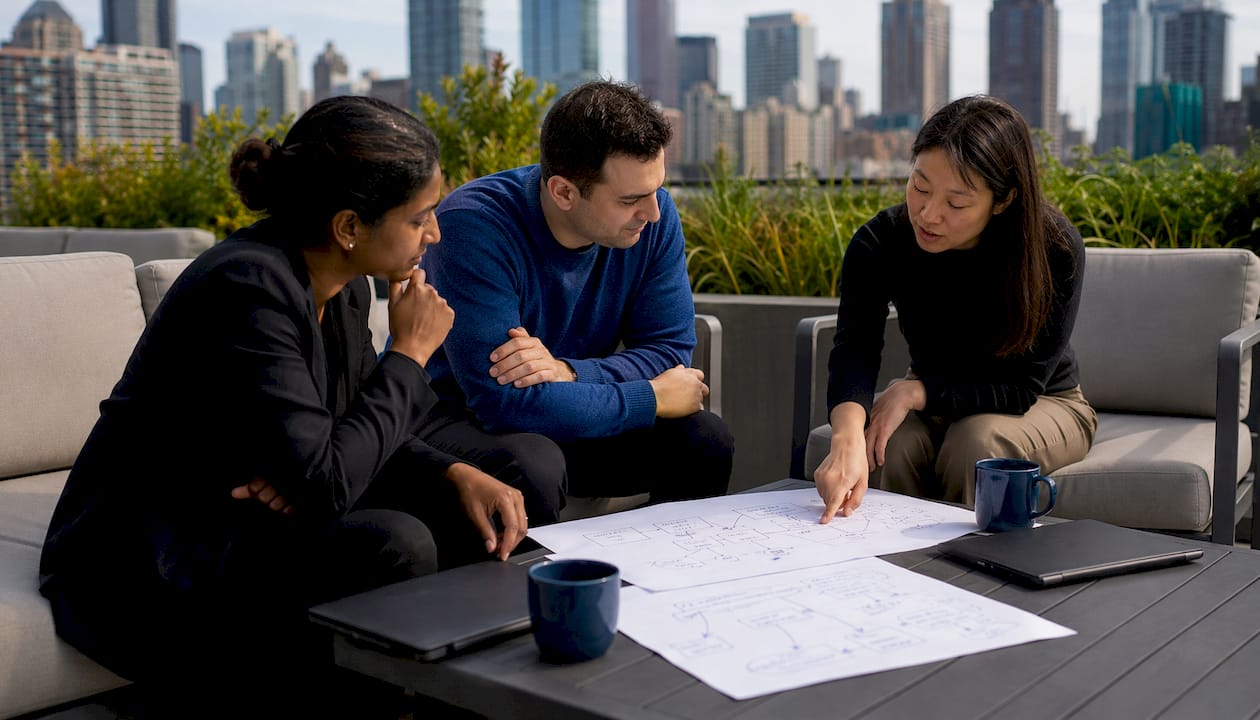 Data team collaborating over lineage diagrams