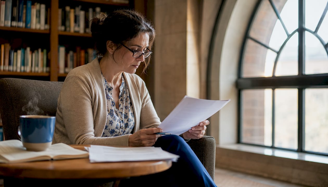 Academic researcher reviewing printed research documents