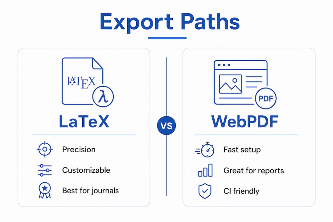 Infographic comparing LaTeX and WebPDF export paths