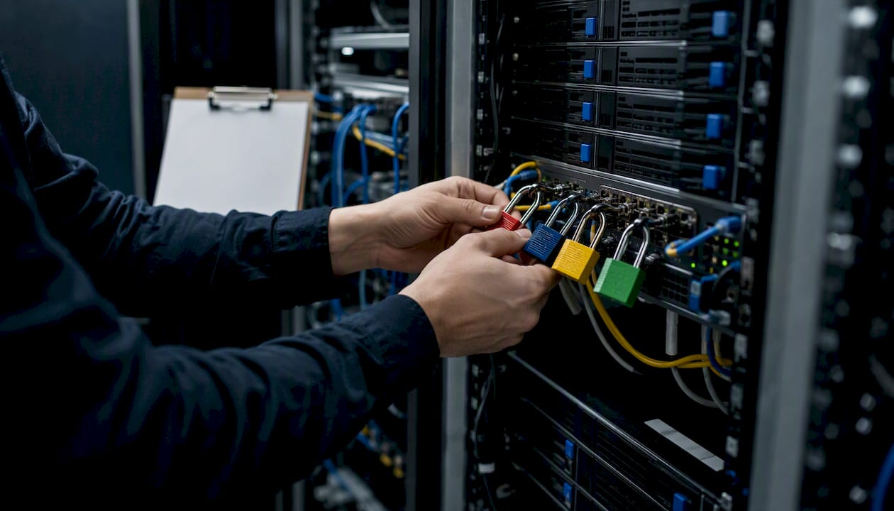 Hands securing data center cables