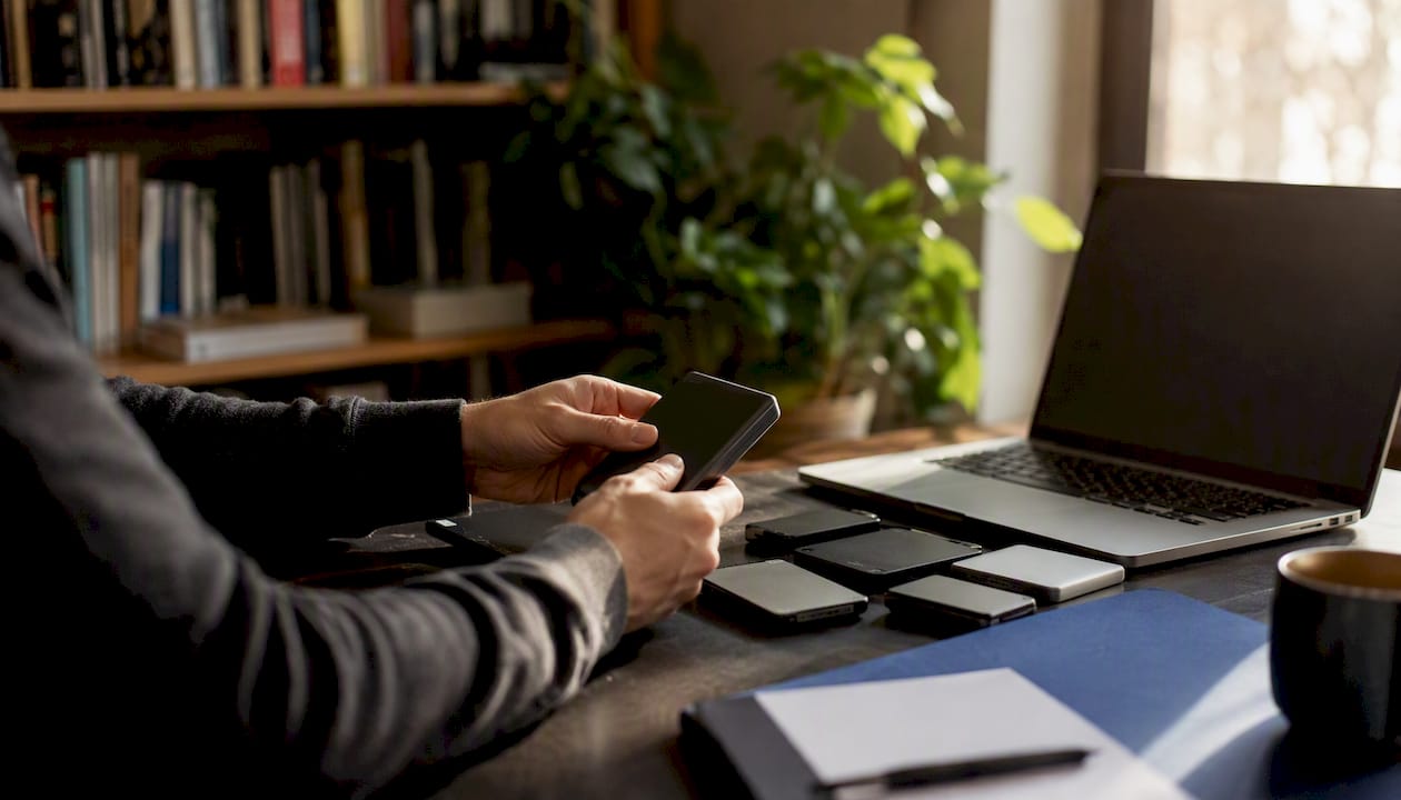 Hands connecting secure hardware key on desk
