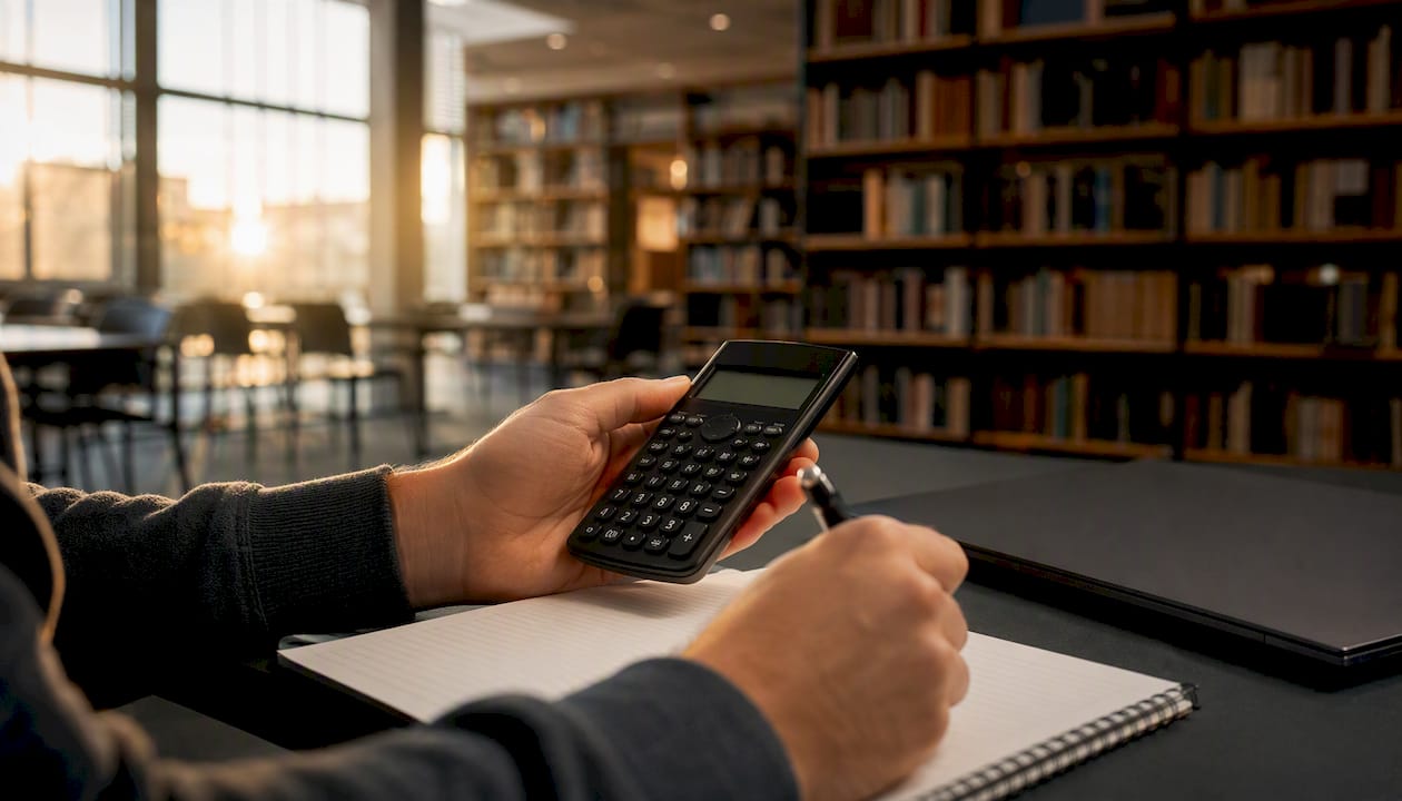 Hands calculating sample size on scientific calculator