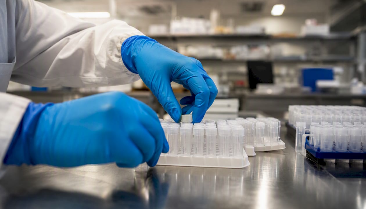 Hands organizing clinical sample tubes