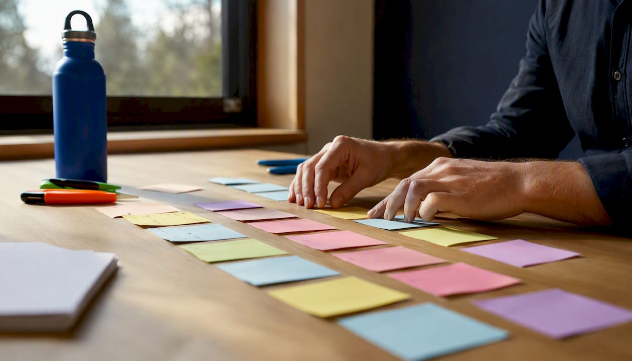Hands assembling feature cards for machine learning