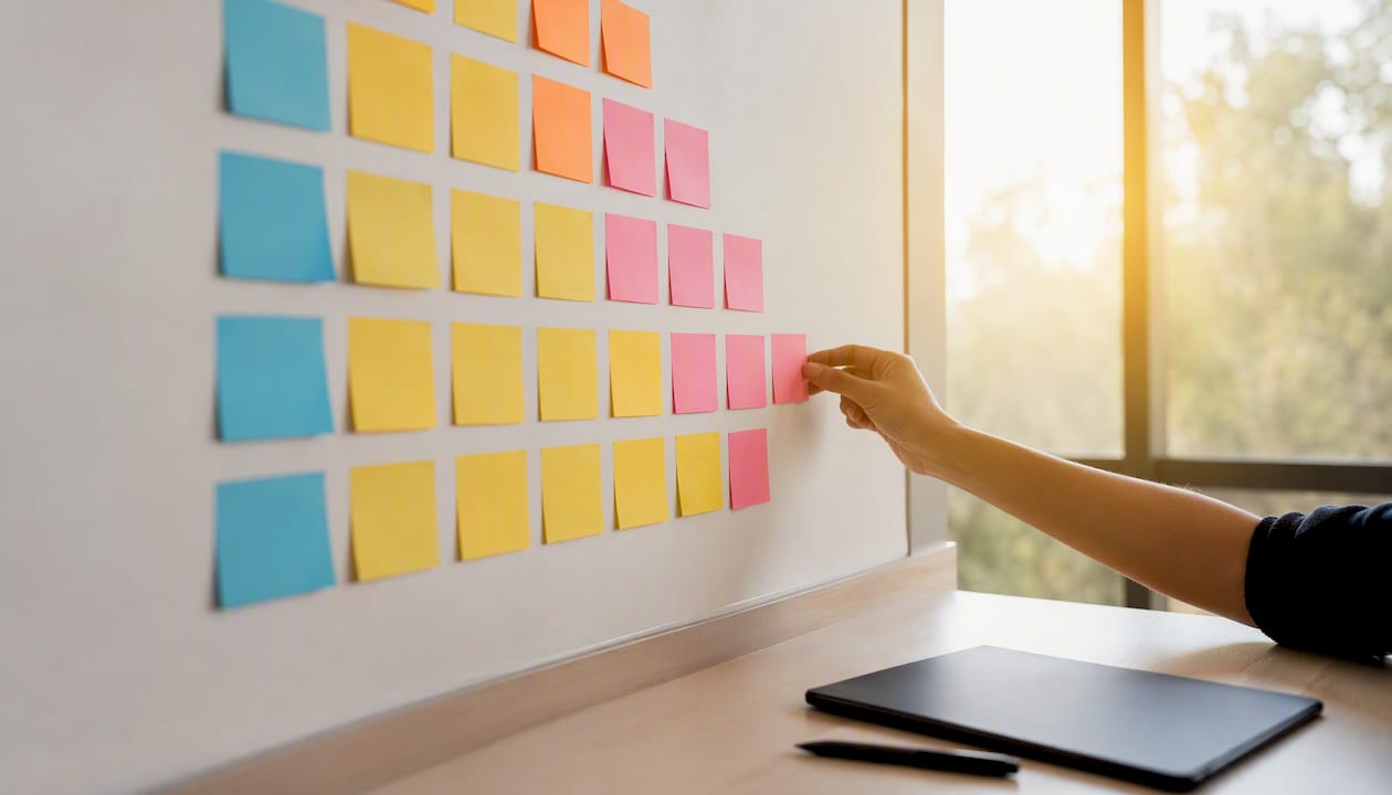 Hand placing notes in cohort retention matrix