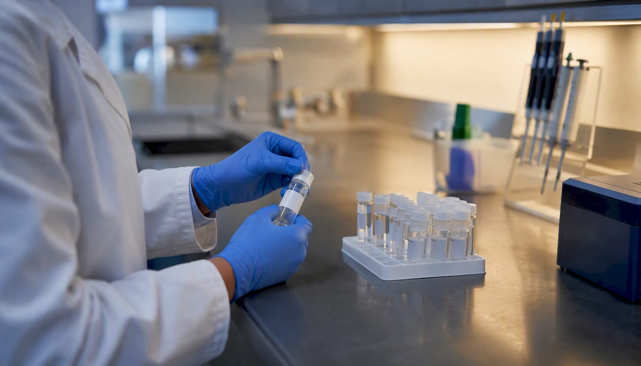 Hands labeling samples in clinical lab