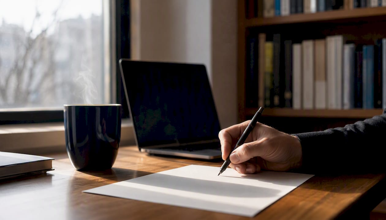 Hand holding pencil over blank notepad on desk