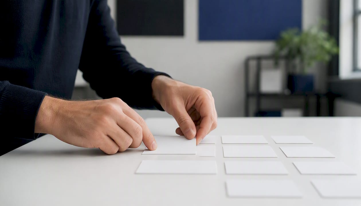 Hands arranging modular cards on black table