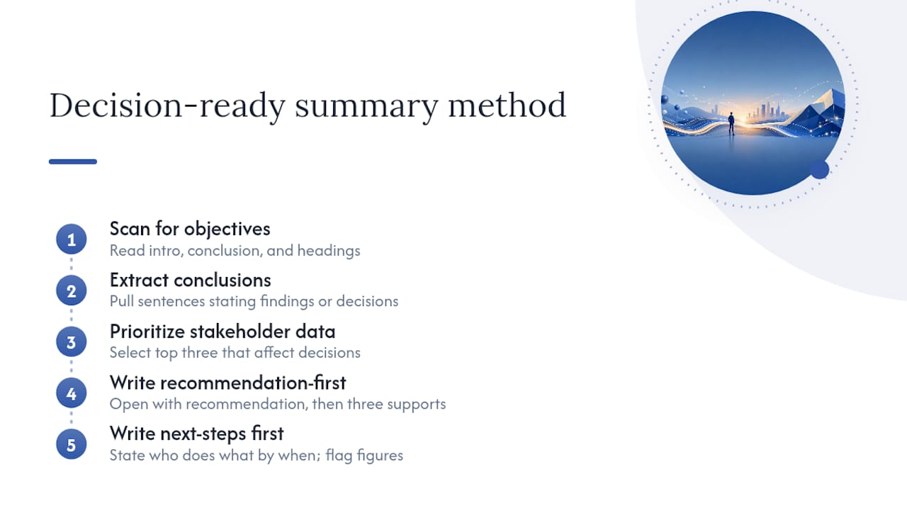 Five-step process diagram for summarizing reports
