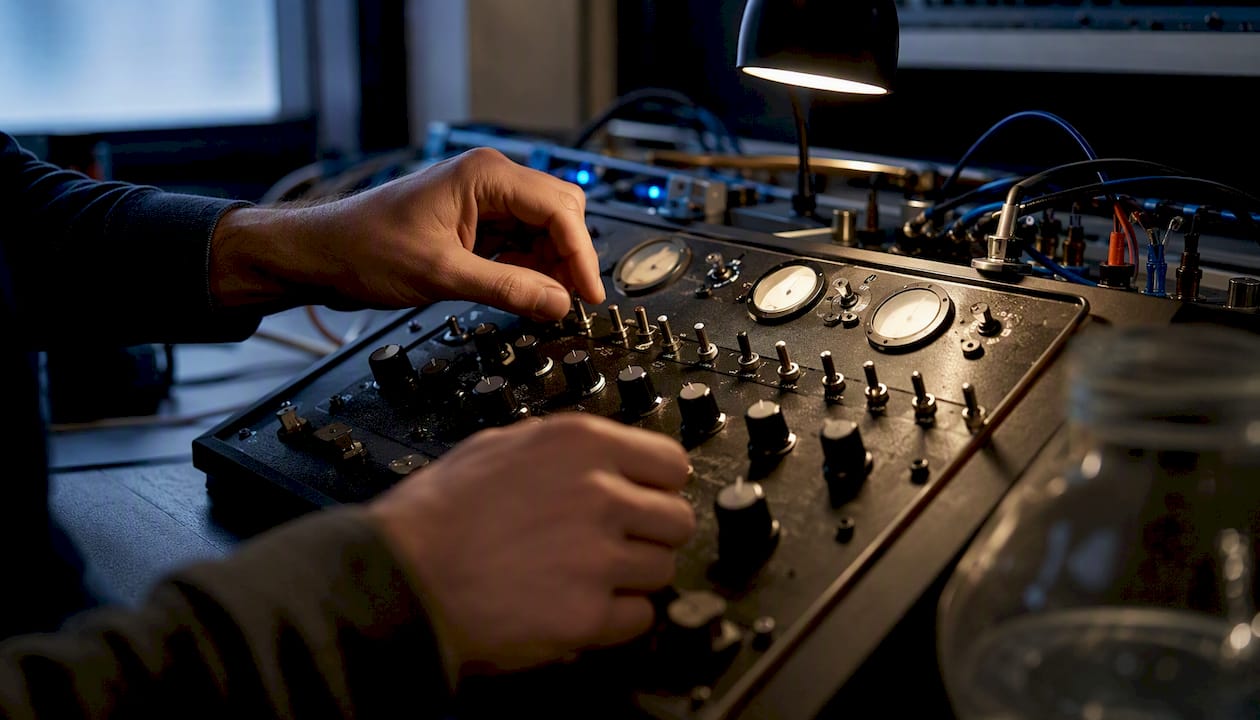 Hands adjusting orchestration instrument panel knobs