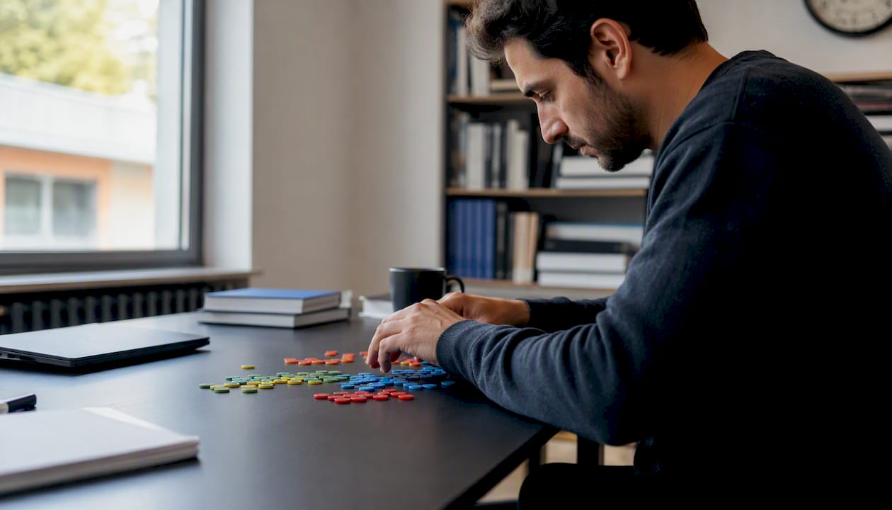 Hands arranging data tokens for testing