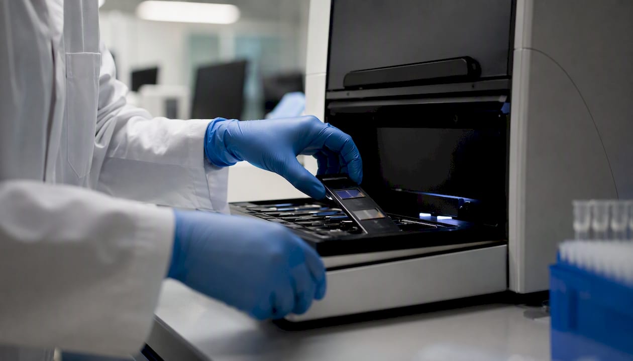 Hands placing microarray slides in sequencer