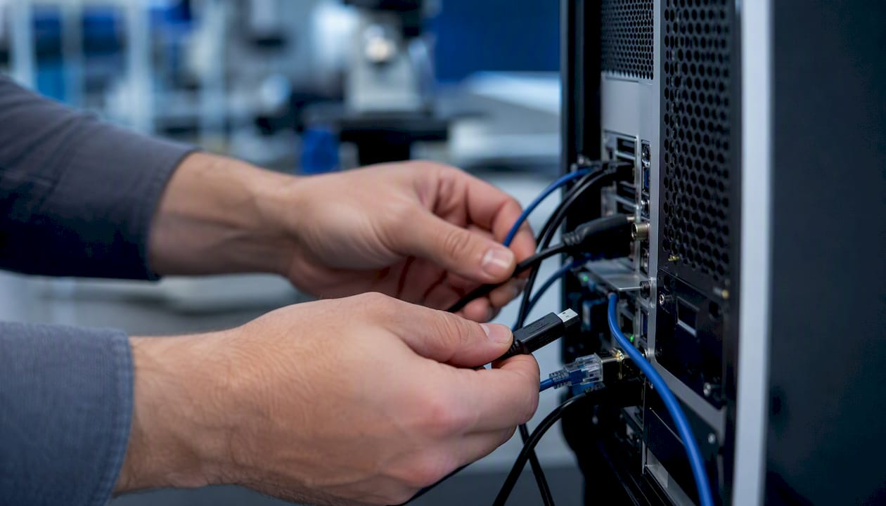 Hands connecting data cables in lab