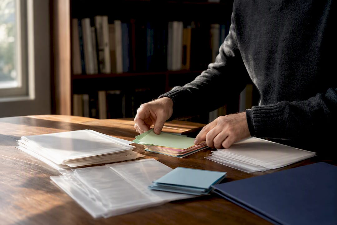 Hands arranging analysis plan elements