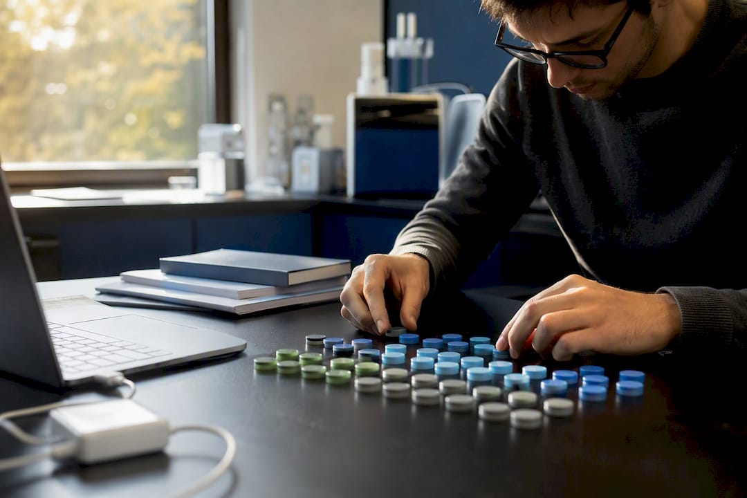 Hands organizing survey data tokens in research workspace