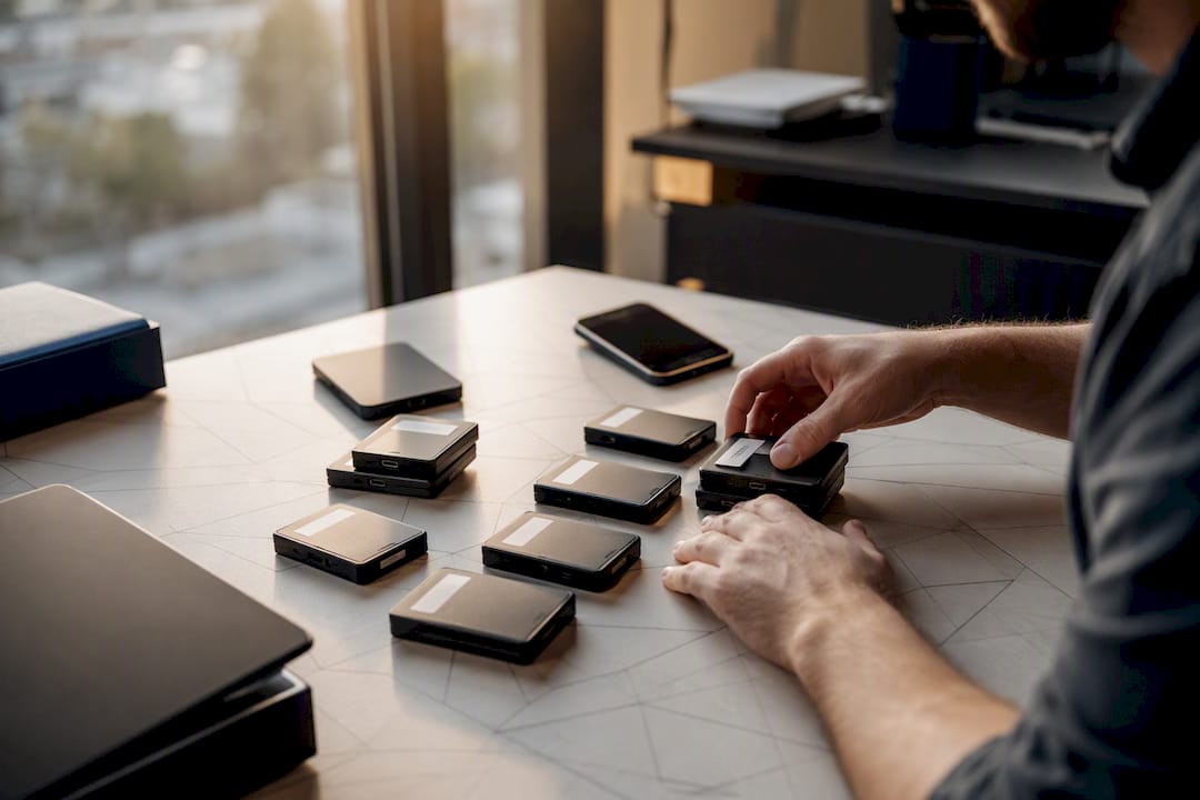 Hands organizing USB drives for reproducible data workflow