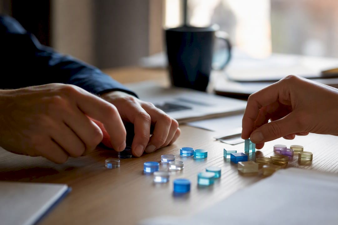 Hands arranging event count tokens