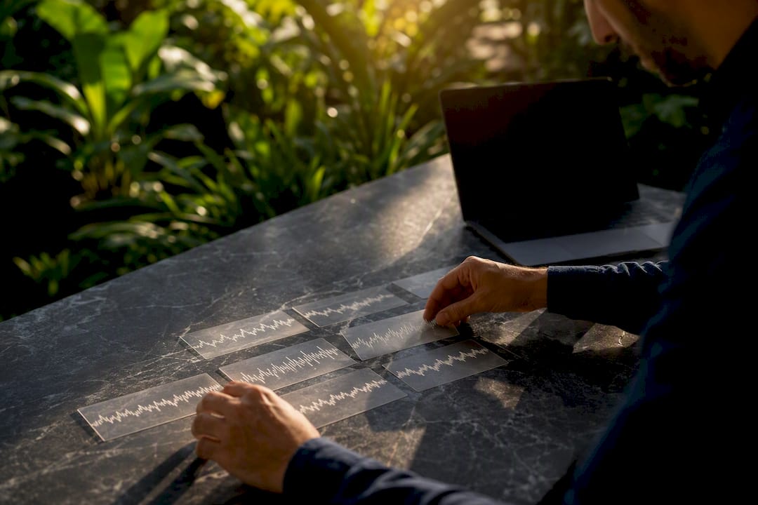 Hands arranging time series data cards