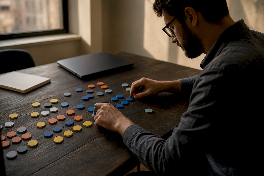 Hands selecting data feature tokens