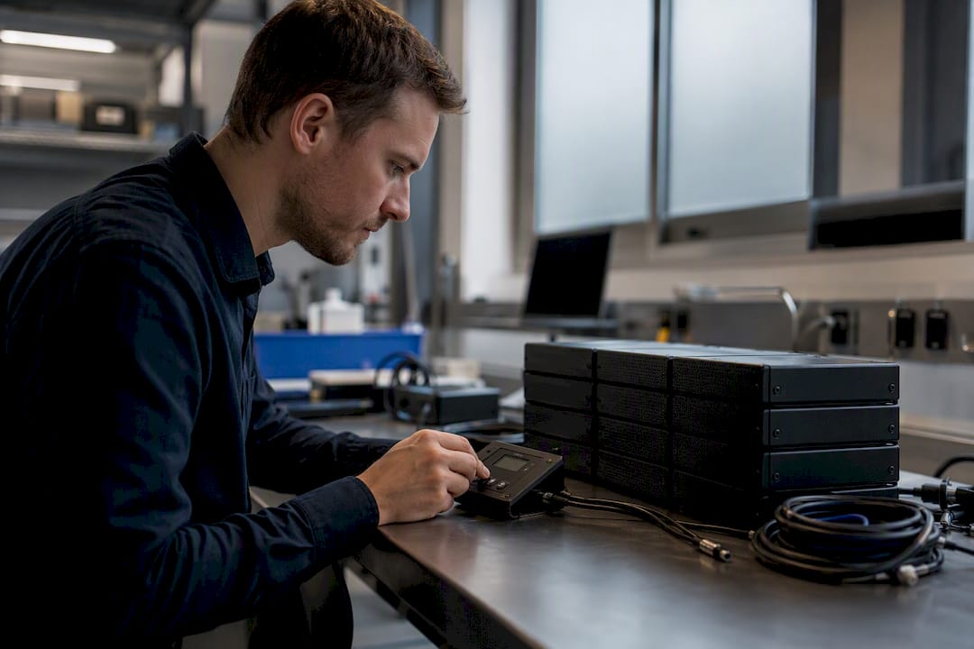 Hand adjusting stopwatch in lab with devices