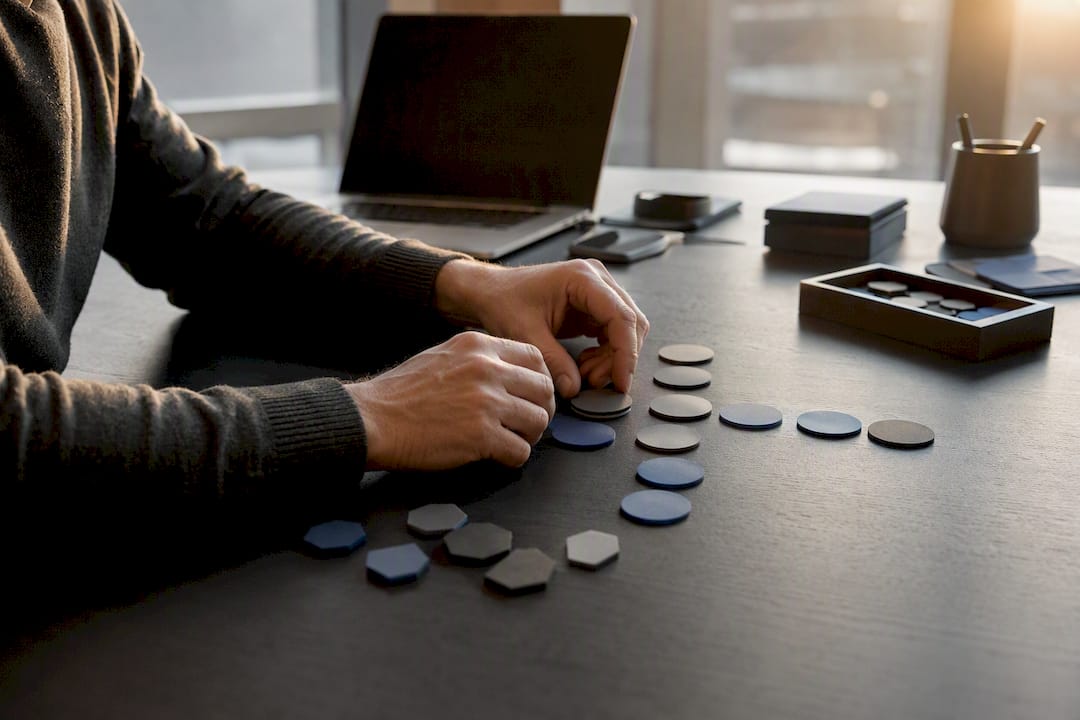 Hands placing data tokens on white table