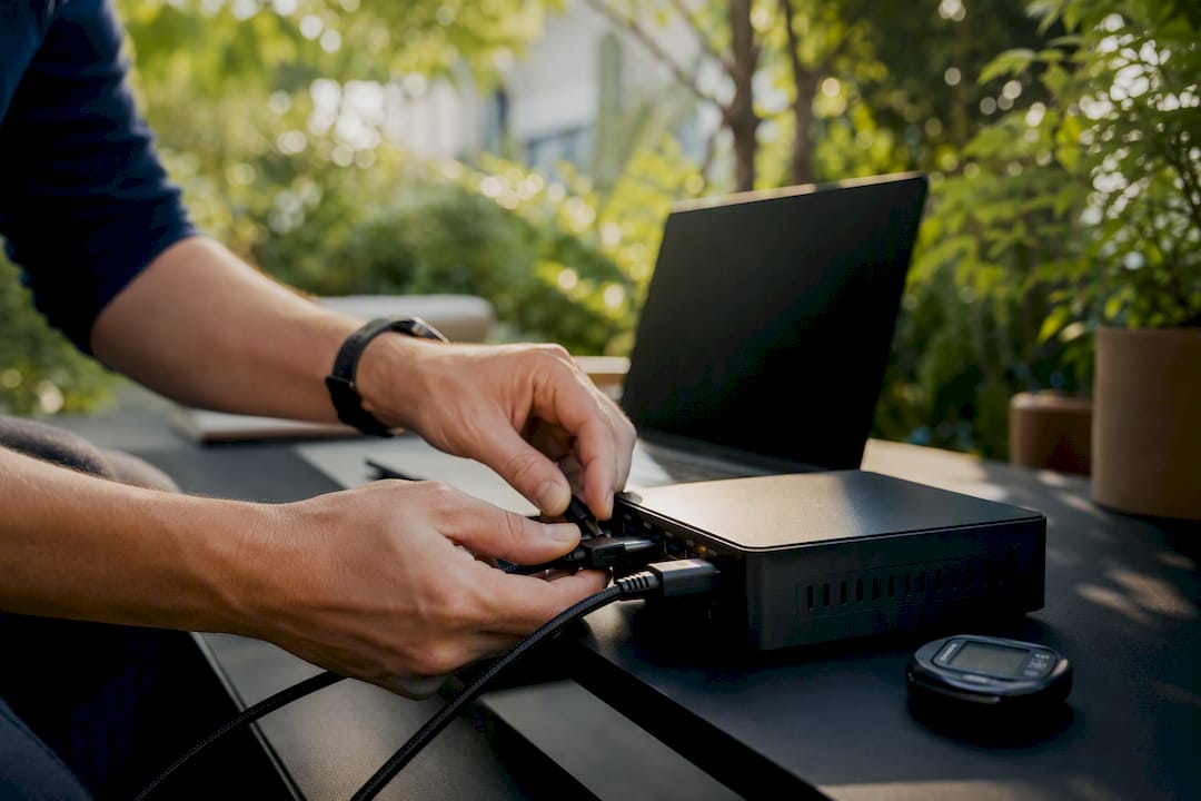 Hands connecting cables to mini-computer on desk