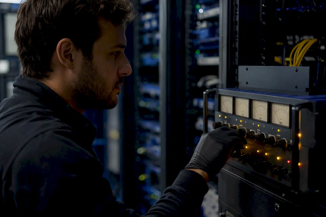 Hand adjusting hardware controls in server room