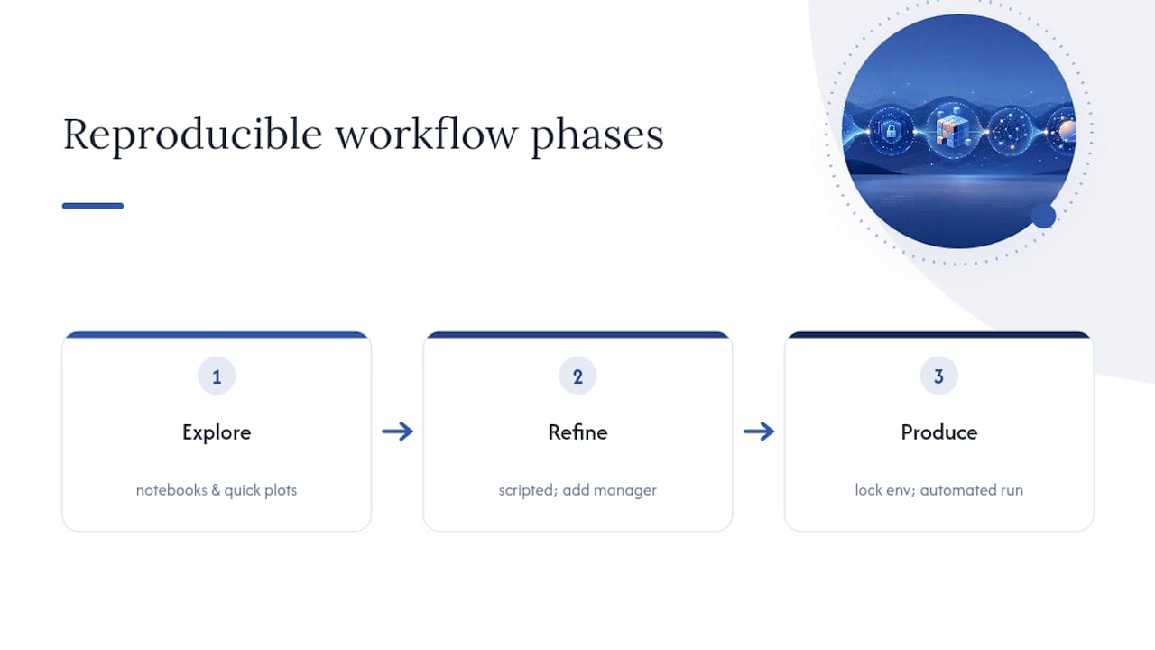 A Compact Reproducible Workflow: Explore, Refine, Produce — overview diagram