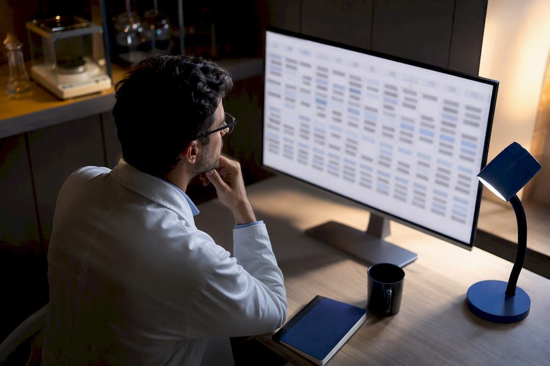 Researcher examining a data grid with missing cells