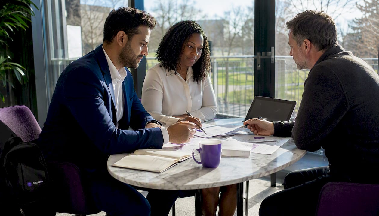 Consultants discussing ISO 27001 fees around table