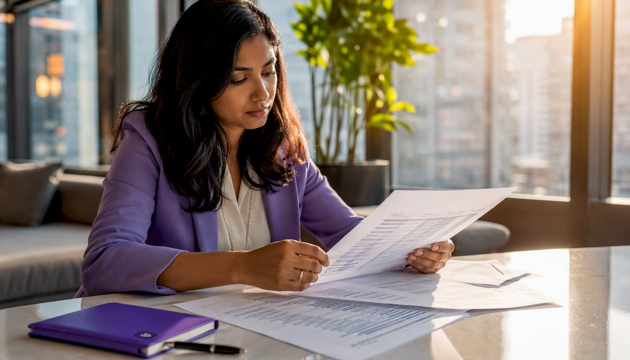 Woman reviewing data mapping documents at table