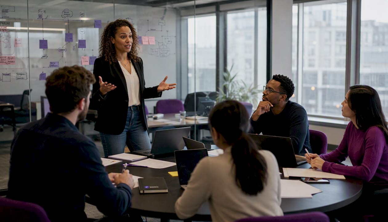 Woman defining ISMS scope with diagrams