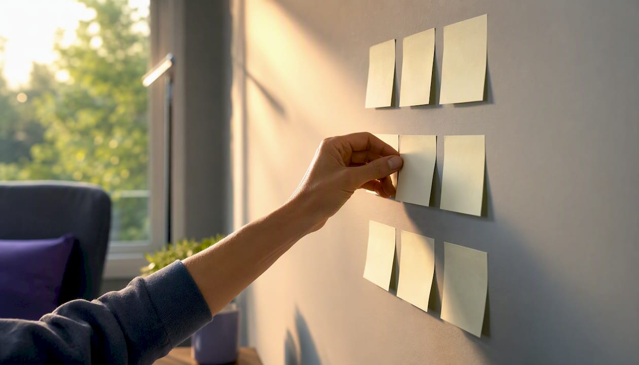 Hand organizing blank digital notes on glass board