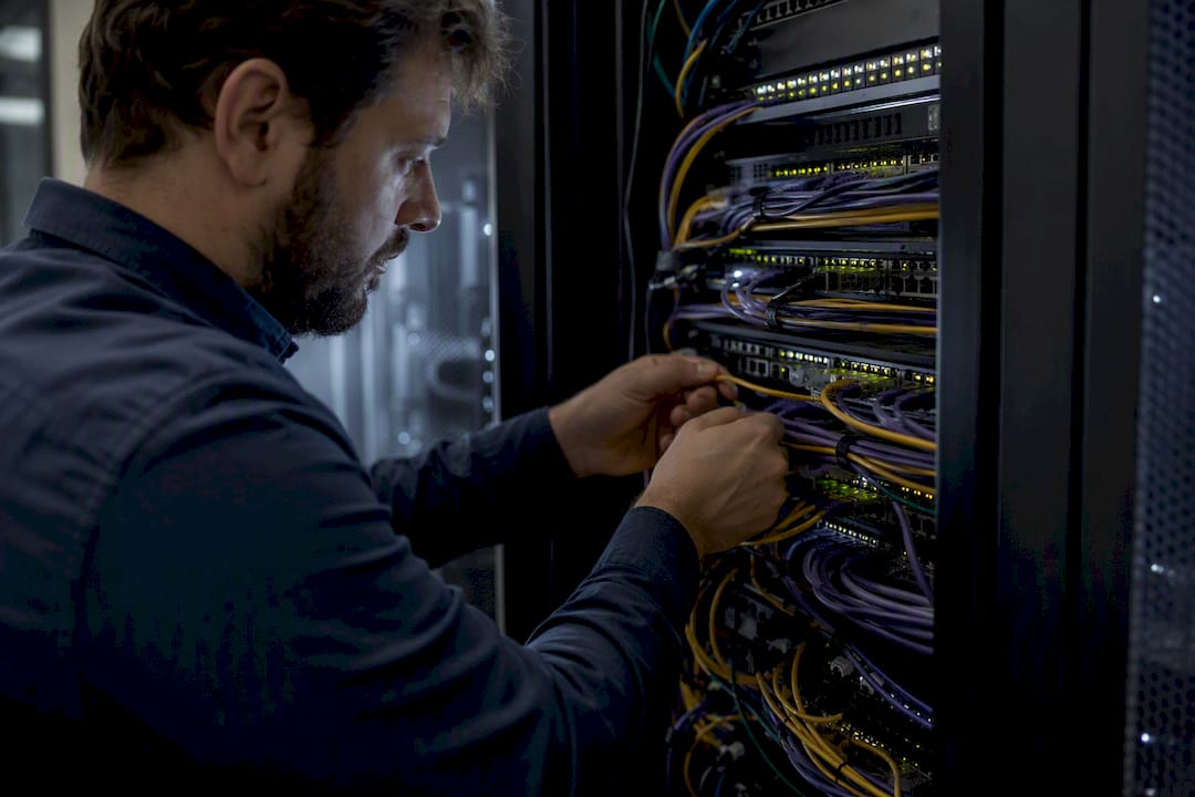 Hands configuring network cables in a server rack