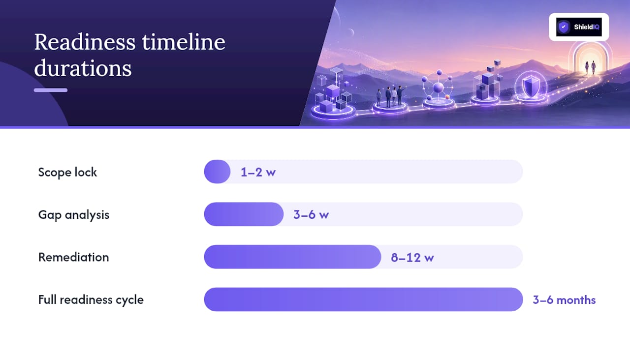 Timeline and typical durations: readiness, remediation, and mock audit — overview diagram