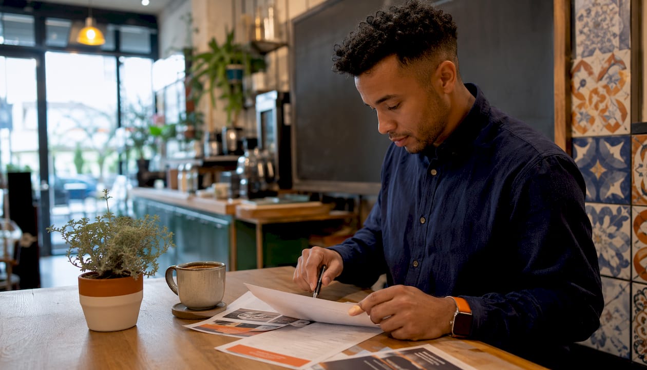Manager reviewing loyalty programme brochures