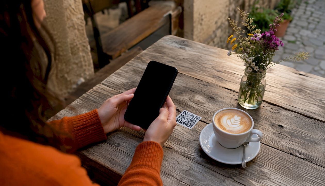 Hands scanning restaurant QR code with phone