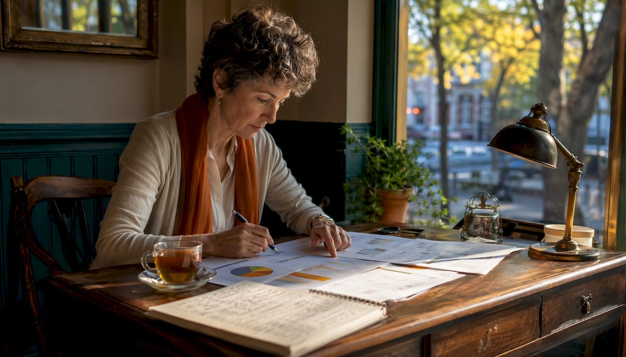 Woman reviewing loyalty programme KPIs at desk