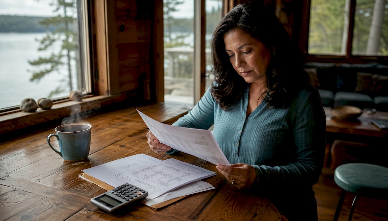 Woman reviewing escrow and insurance documents at kitchen table